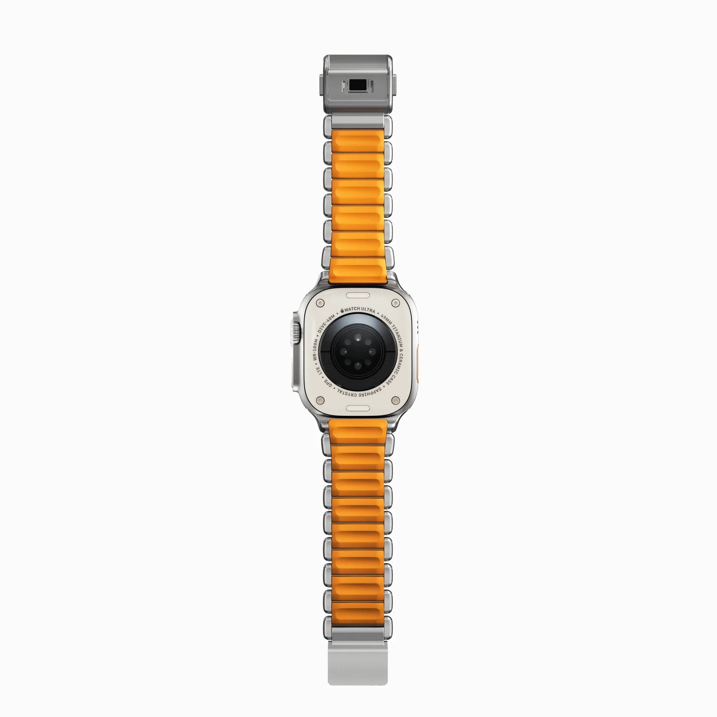 A orange colour brushed titanium metal with silicone rubber hybrid strap on an Apple watch series 11 and ultra 3 42mm 45mm 46mm 49mm built with magnetic clasps