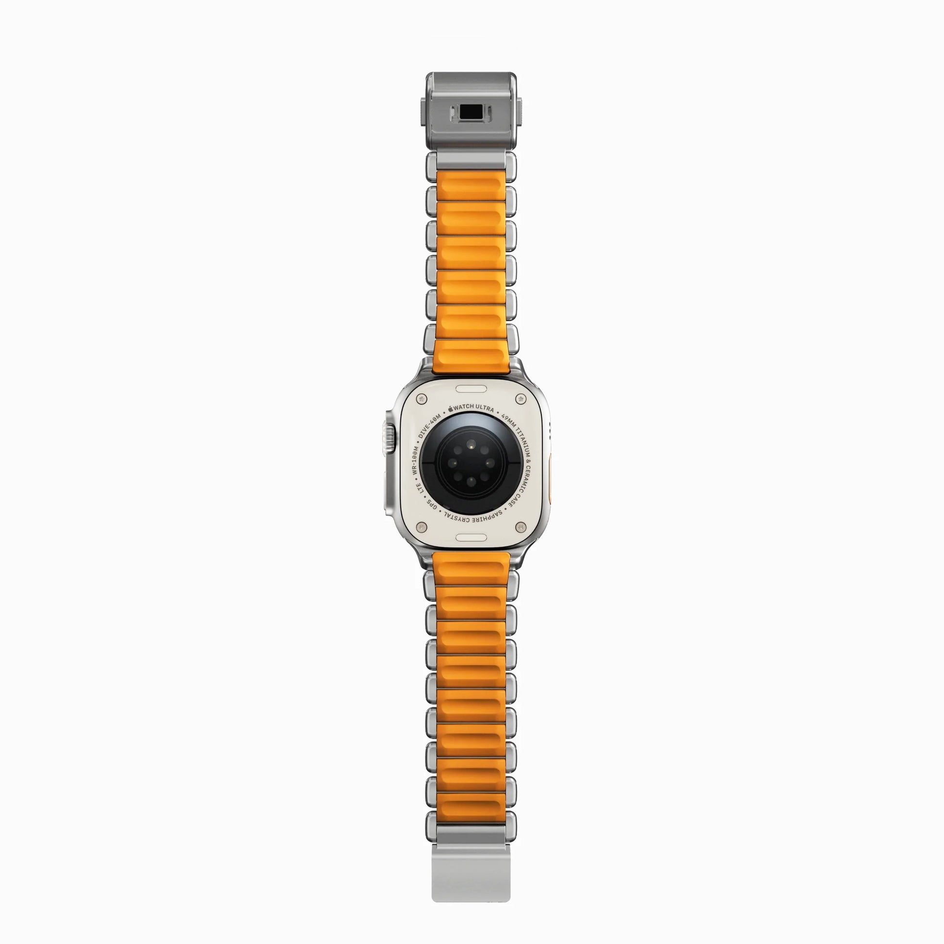 A orange colour brushed titanium metal with silicone rubber hybrid strap on an Apple watch series 11 and ultra 3 42mm 45mm 46mm 49mm built with magnetic clasps
