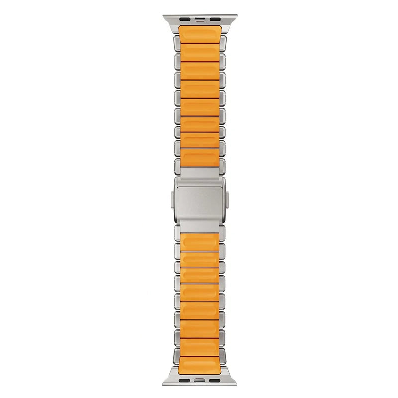 A orange colour brushed titanium metal with silicone rubber hybrid strap on an Apple watch series 11 and ultra 3 42mm 45mm 46mm 49mm built with magnetic clasps