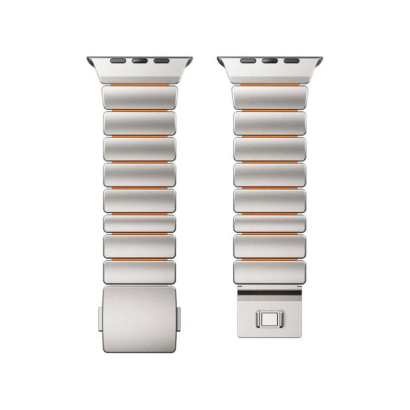 A orange colour brushed titanium metal with silicone rubber hybrid strap on an Apple watch series 11 and ultra 3 42mm 45mm 46mm 49mm built with magnetic clasps