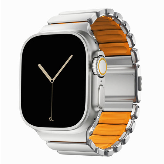 A orange colour brushed titanium metal with silicone rubber hybrid strap on an Apple watch series 11 and ultra 3 42mm 45mm 46mm 49mm built with magnetic clasps
