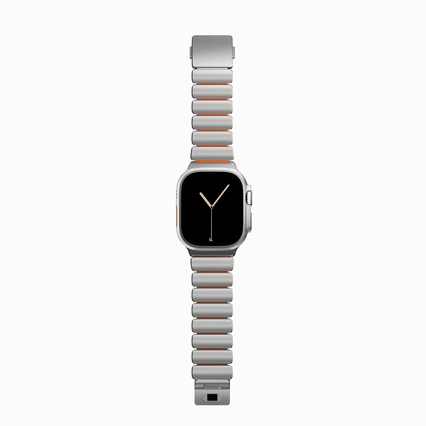 A orange colour brushed titanium metal with silicone rubber hybrid strap on an Apple watch series 11 and ultra 3 42mm 45mm 46mm 49mm built with magnetic clasps