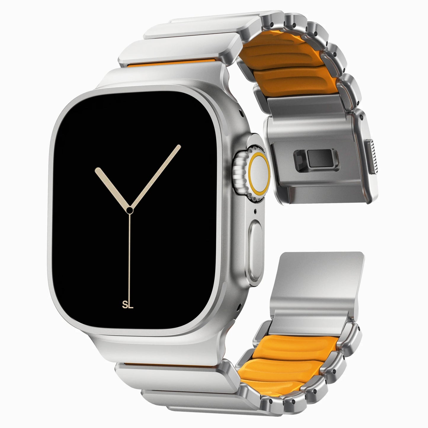 A orange colour brushed titanium metal with silicone rubber hybrid strap on an Apple watch series 11 and ultra 3 42mm 45mm 46mm 49mm built with magnetic clasps