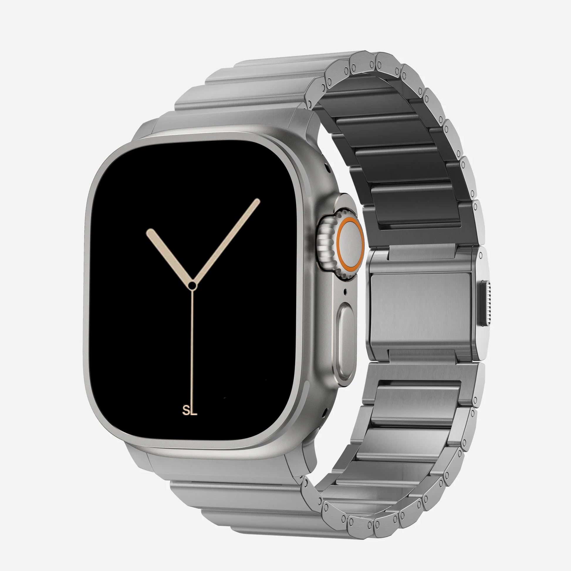 A futuristic Titanium colour brushed stainless steel metal strap on an apple watch series 11 and Ultra 3 42mm 46mm 49mm