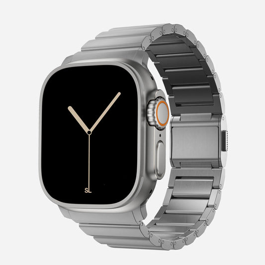 A futuristic Titanium colour brushed stainless steel metal strap on an apple watch series 11 and Ultra 3 42mm 46mm 49mm
