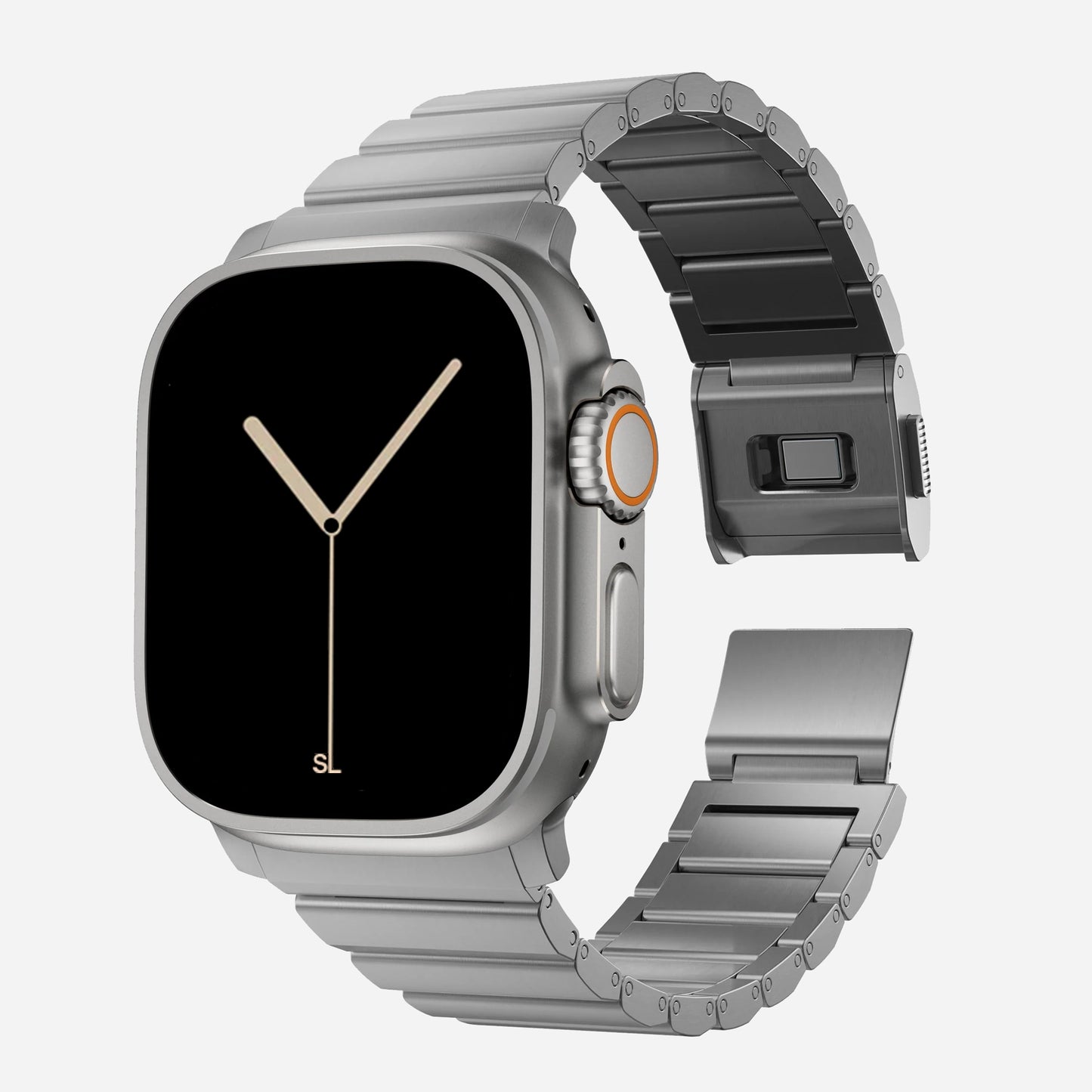 A futuristic Titanium colour brushed stainless steel metal strap on an apple watch series 11 and Ultra 3 42mm 46mm 49mm