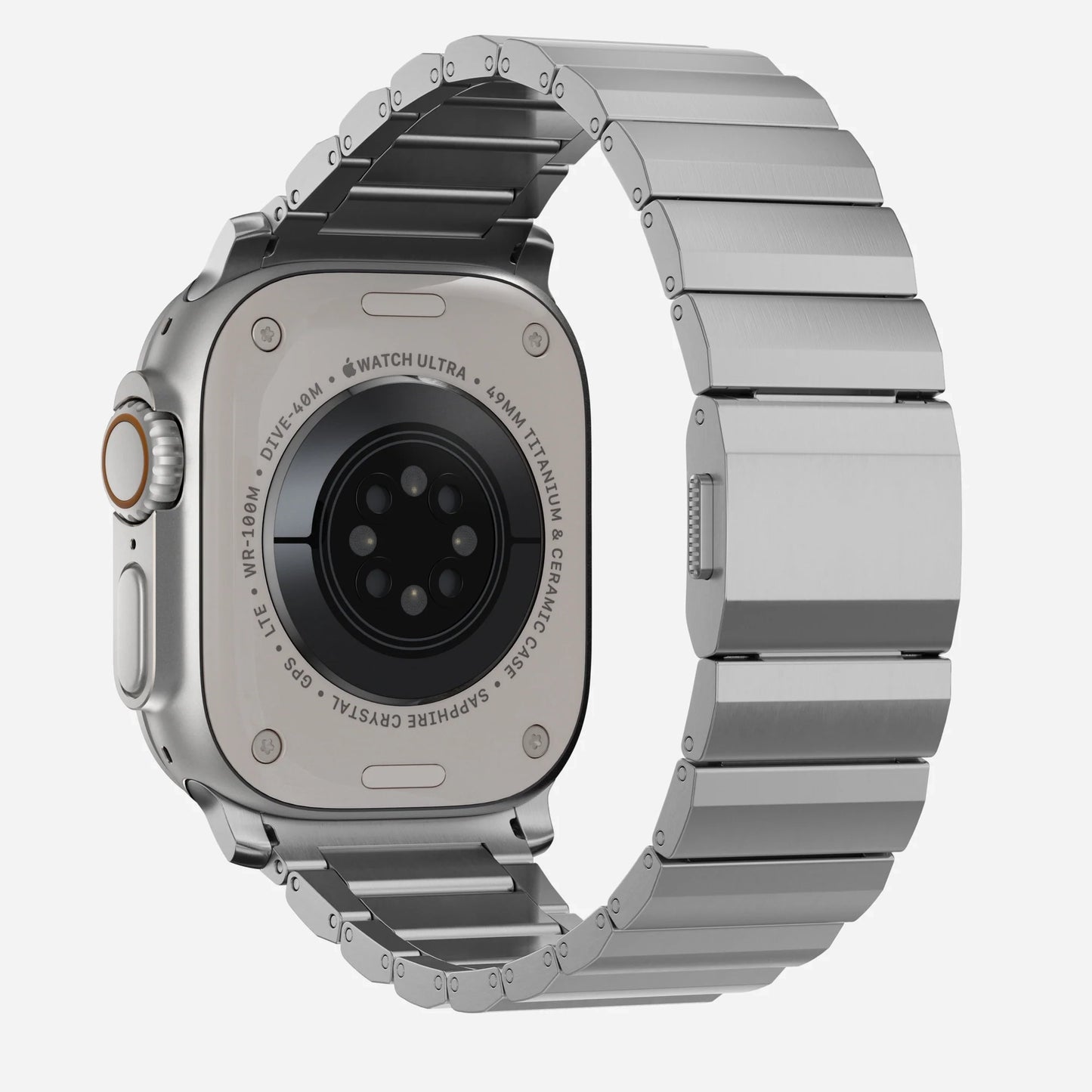 A futuristic Titanium colour brushed stainless steel metal strap on an apple watch series 11 and Ultra 3 42mm 46mm 49mm