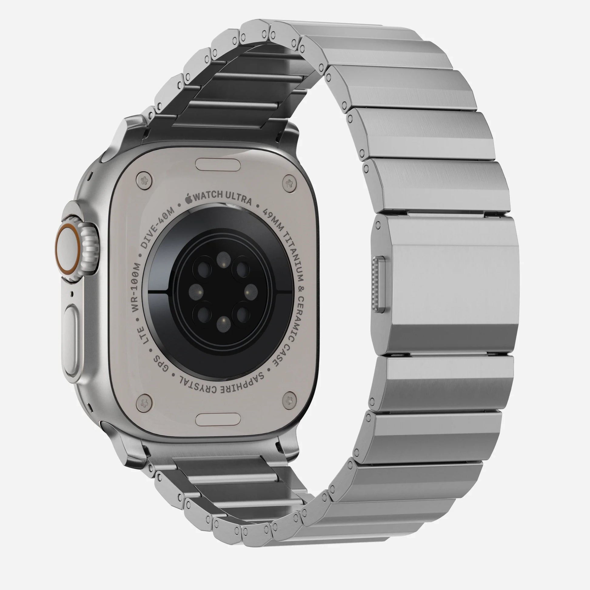 A futuristic Titanium colour brushed stainless steel metal strap on an apple watch series 11 and Ultra 3 42mm 46mm 49mm