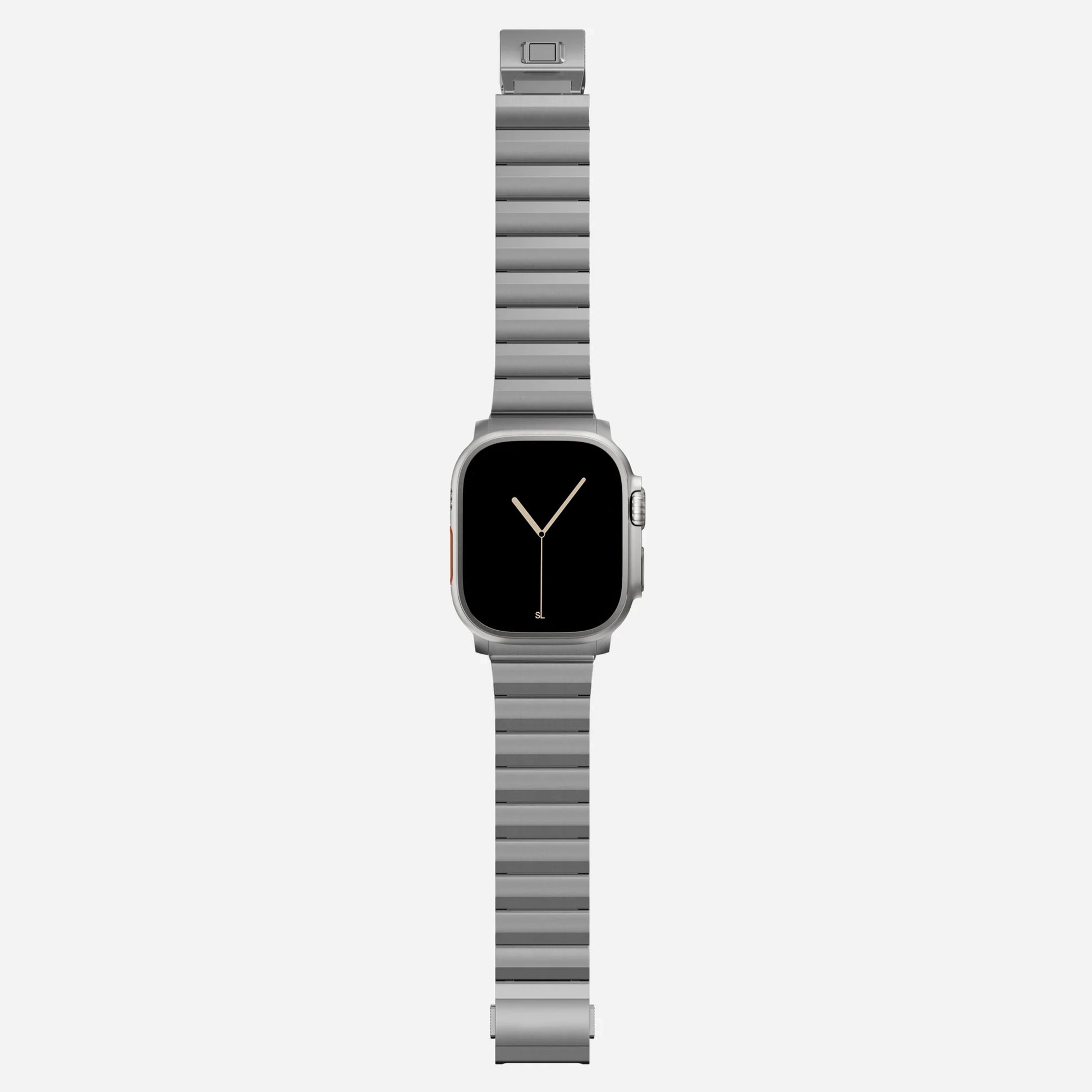 A futuristic Titanium colour brushed stainless steel metal strap on an apple watch series 11 and Ultra 3 42mm 46mm 49mm