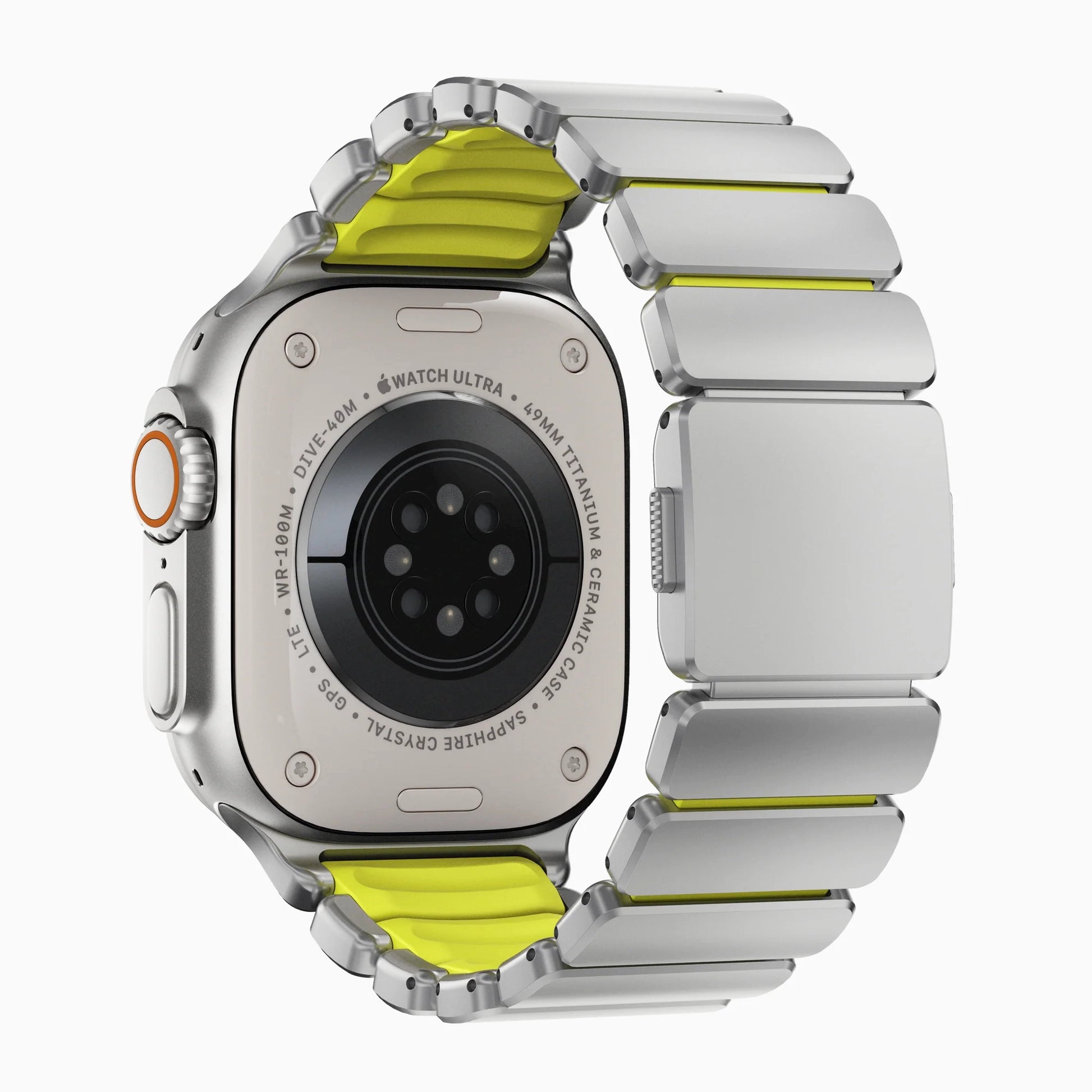 A volt yellow green colour brushed titanium metal with silicone rubber hybrid strap on an Apple watch series 11 and ultra 3 42mm 45mm 46mm 49mm built with magnetic clasps