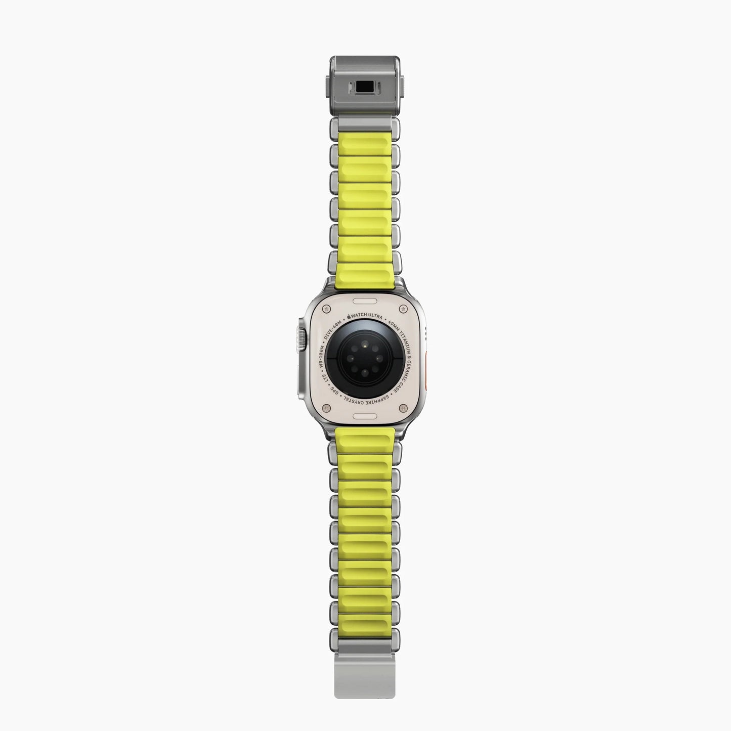 A volt yellow green colour brushed titanium metal with silicone rubber hybrid strap on an Apple watch series 11 and ultra 3 42mm 45mm 46mm 49mm built with magnetic clasps
