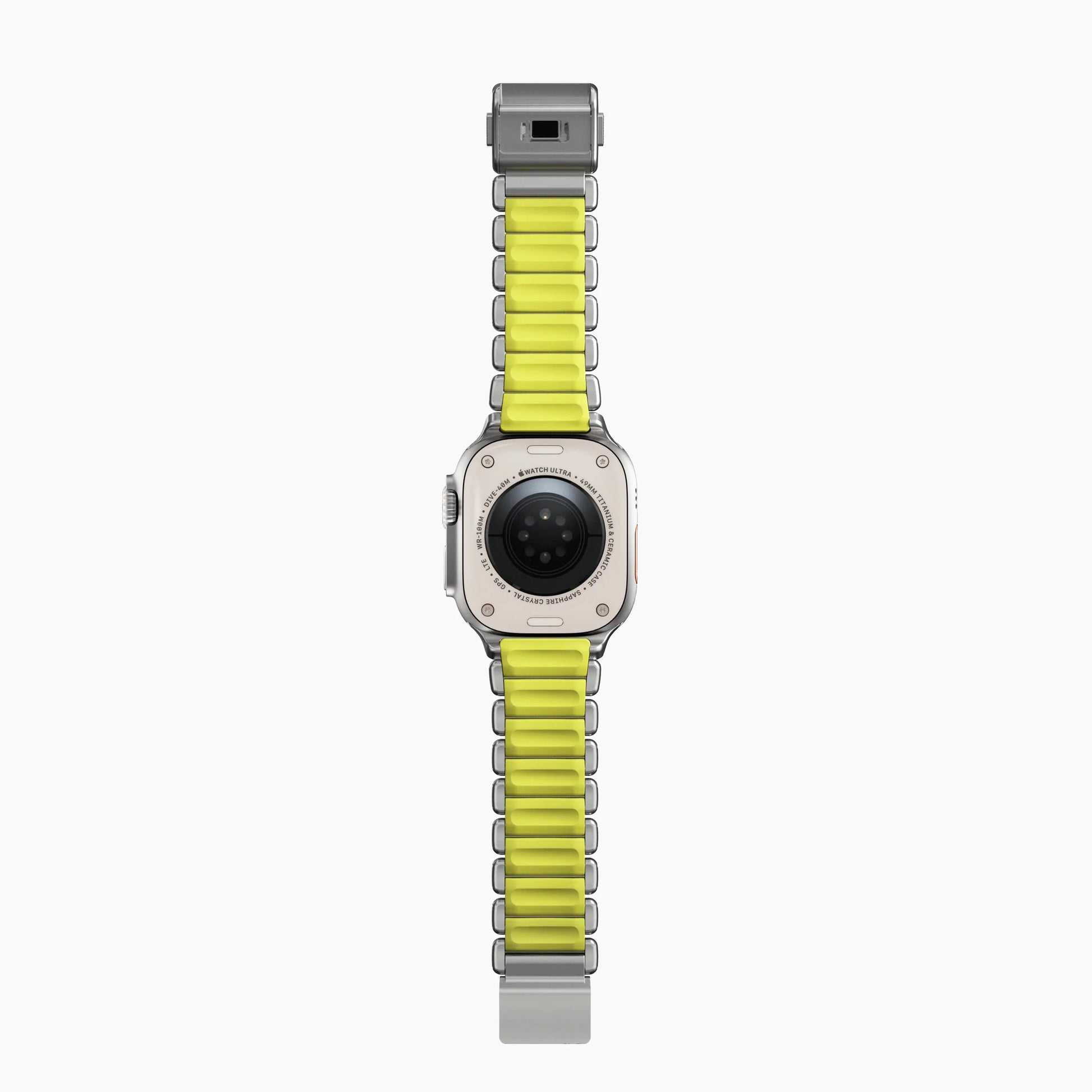 A volt yellow green colour brushed titanium metal with silicone rubber hybrid strap on an Apple watch series 11 and ultra 3 42mm 45mm 46mm 49mm built with magnetic clasps