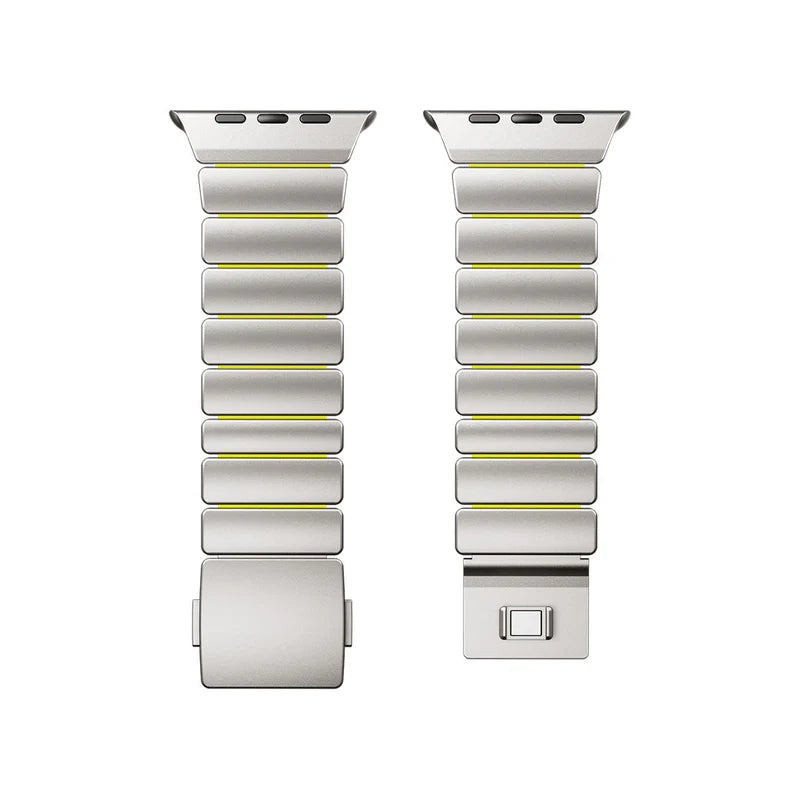 A volt yellow green colour brushed titanium metal with silicone rubber hybrid strap on an Apple watch series 11 and ultra 3 42mm 45mm 46mm 49mm built with magnetic clasps