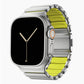 A volt yellow green colour brushed titanium metal with silicone rubber hybrid strap on an Apple watch series 11 and ultra 3 42mm 45mm 46mm 49mm built with magnetic clasps