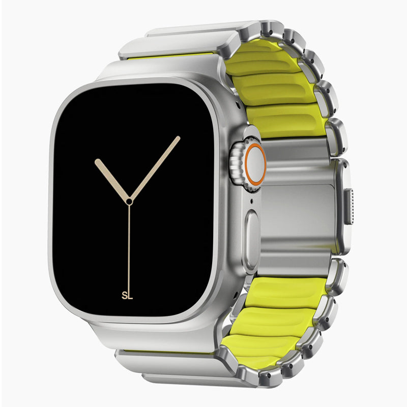A volt yellow green colour brushed titanium metal with silicone rubber hybrid strap on an Apple watch series 11 and ultra 3 42mm 45mm 46mm 49mm built with magnetic clasps