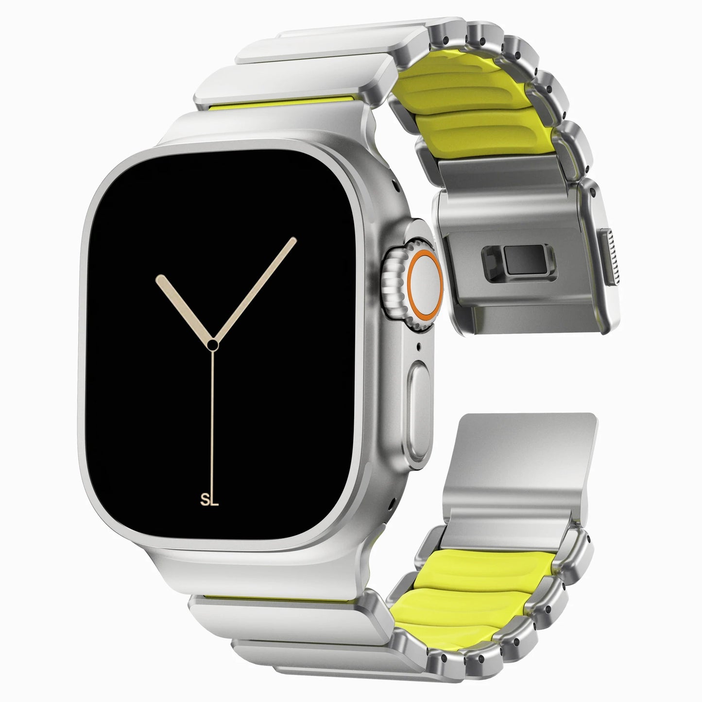 A volt yellow green colour brushed titanium metal with silicone rubber hybrid strap on an Apple watch series 11 and ultra 3 42mm 45mm 46mm 49mm built with magnetic clasps