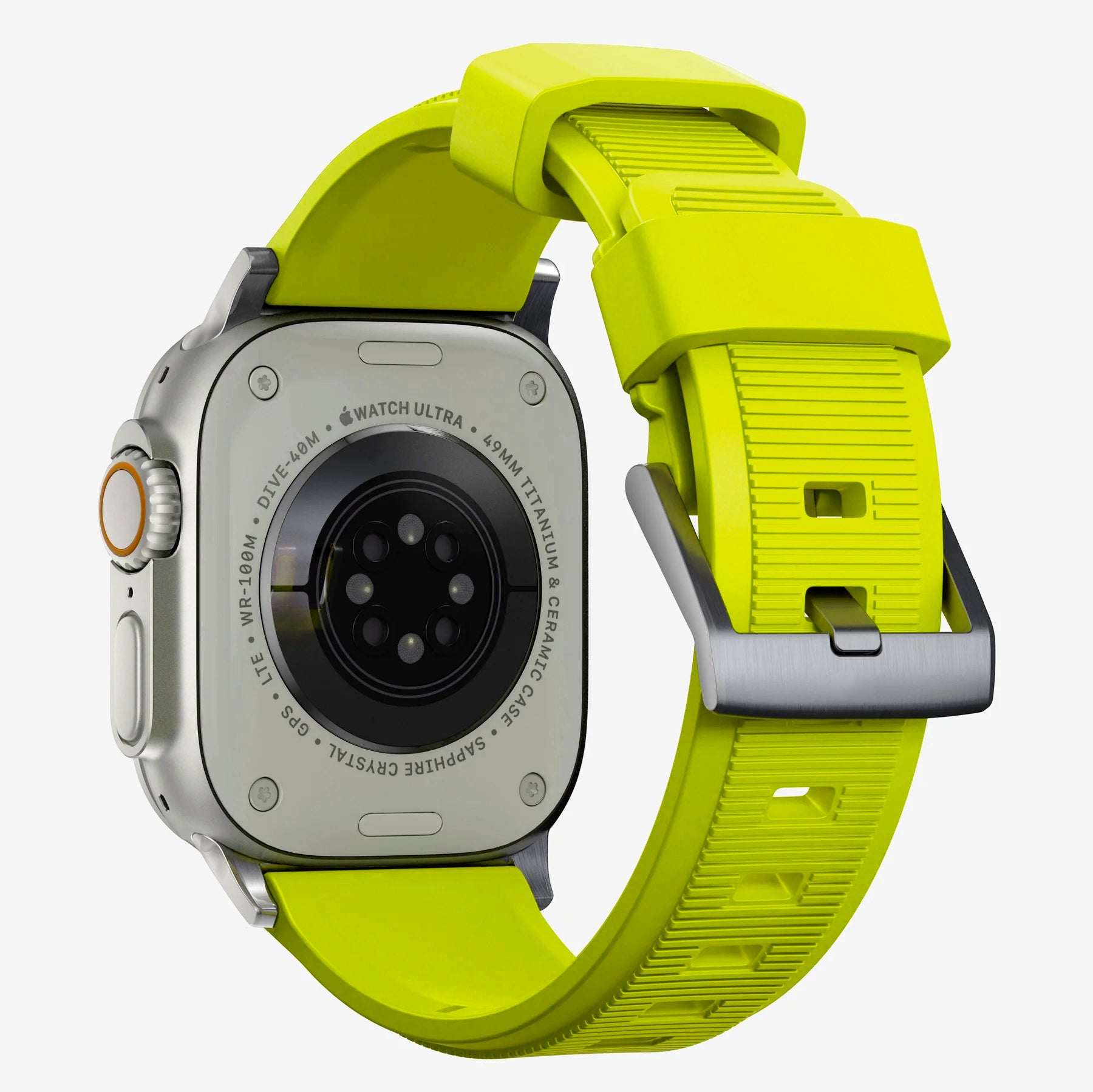 New volt yellow silicone with metal connectors, pin and buckle watch strap with compression grooves designed for apple watch series 10 45mm and ultra 2 side angle