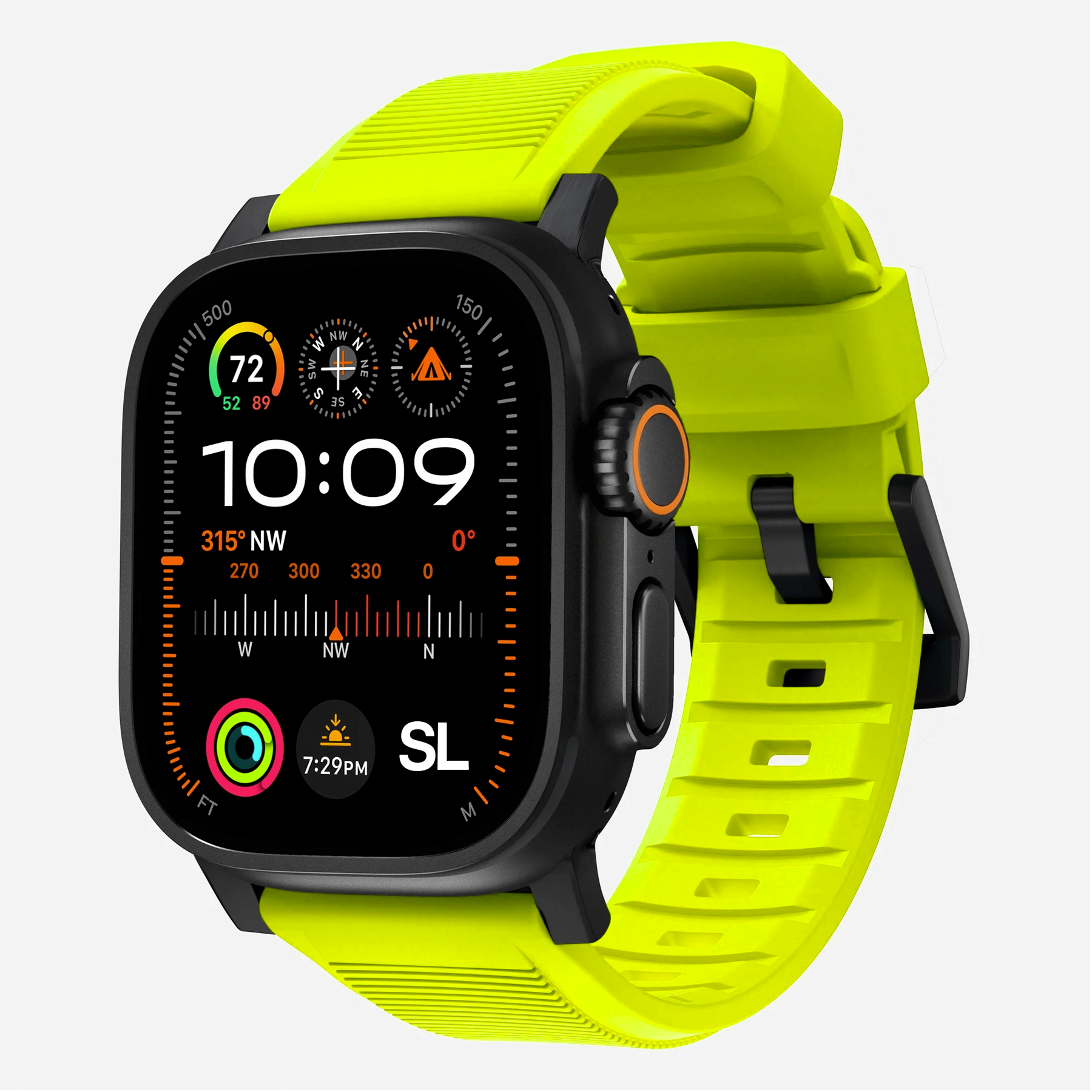 New volt yellow silicone with metal connectors, pin and buckle watch strap with compression grooves designed for apple watch series 10 45mm and ultra 2 side angle