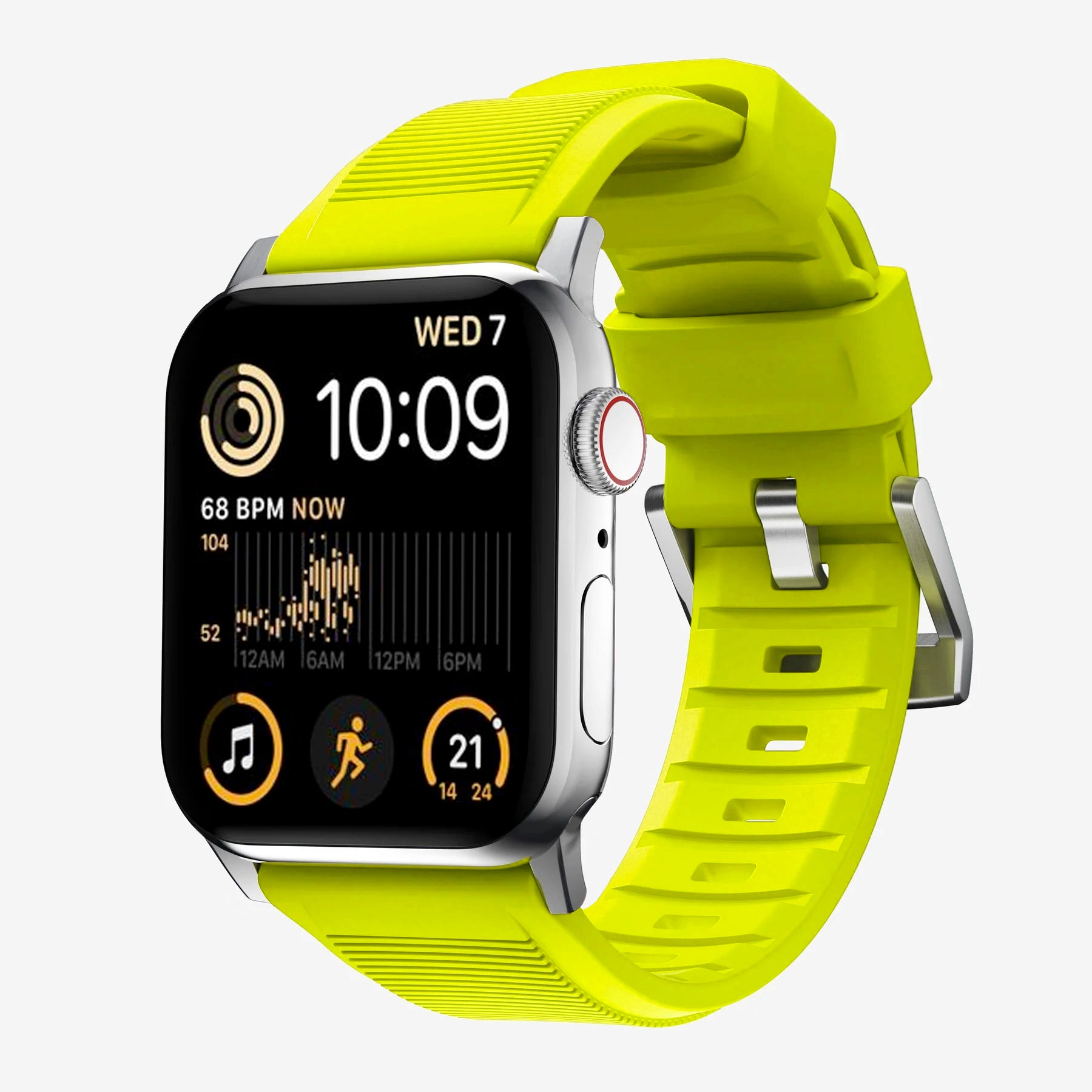 New volt yellow silicone with metal connectors, pin and buckle watch strap with compression grooves designed for apple watch series 10 45mm and ultra 2 side angle