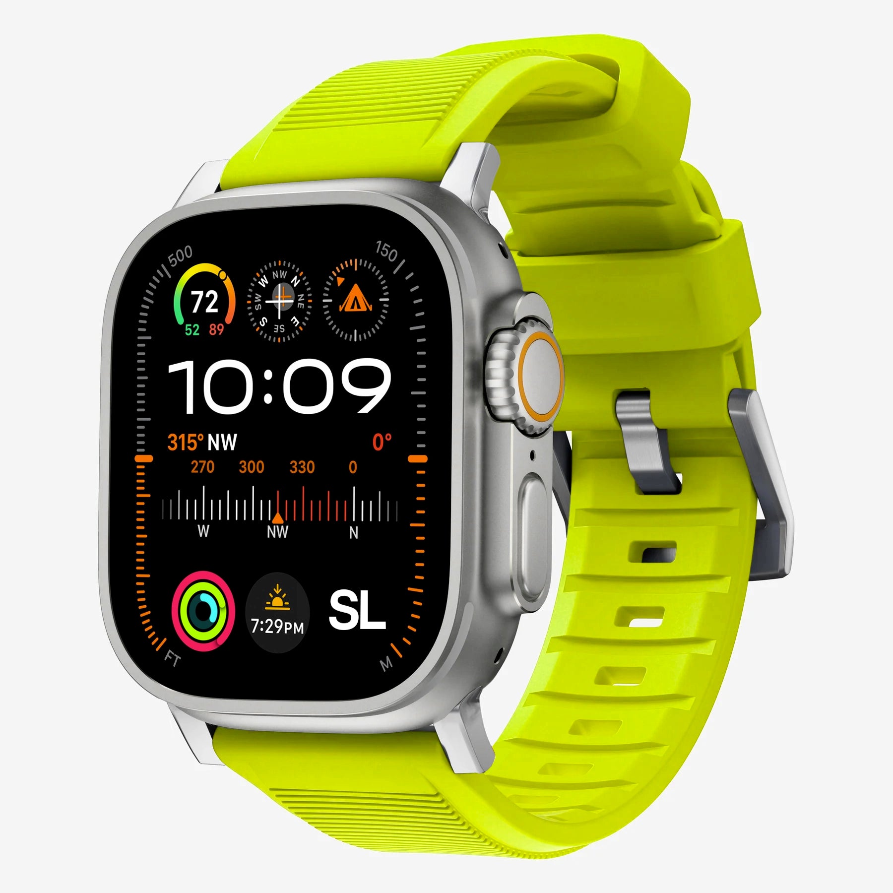 New volt yellow silicone with metal connectors, pin and buckle watch strap with compression grooves designed for apple watch series 10 45mm and ultra 2 side angle