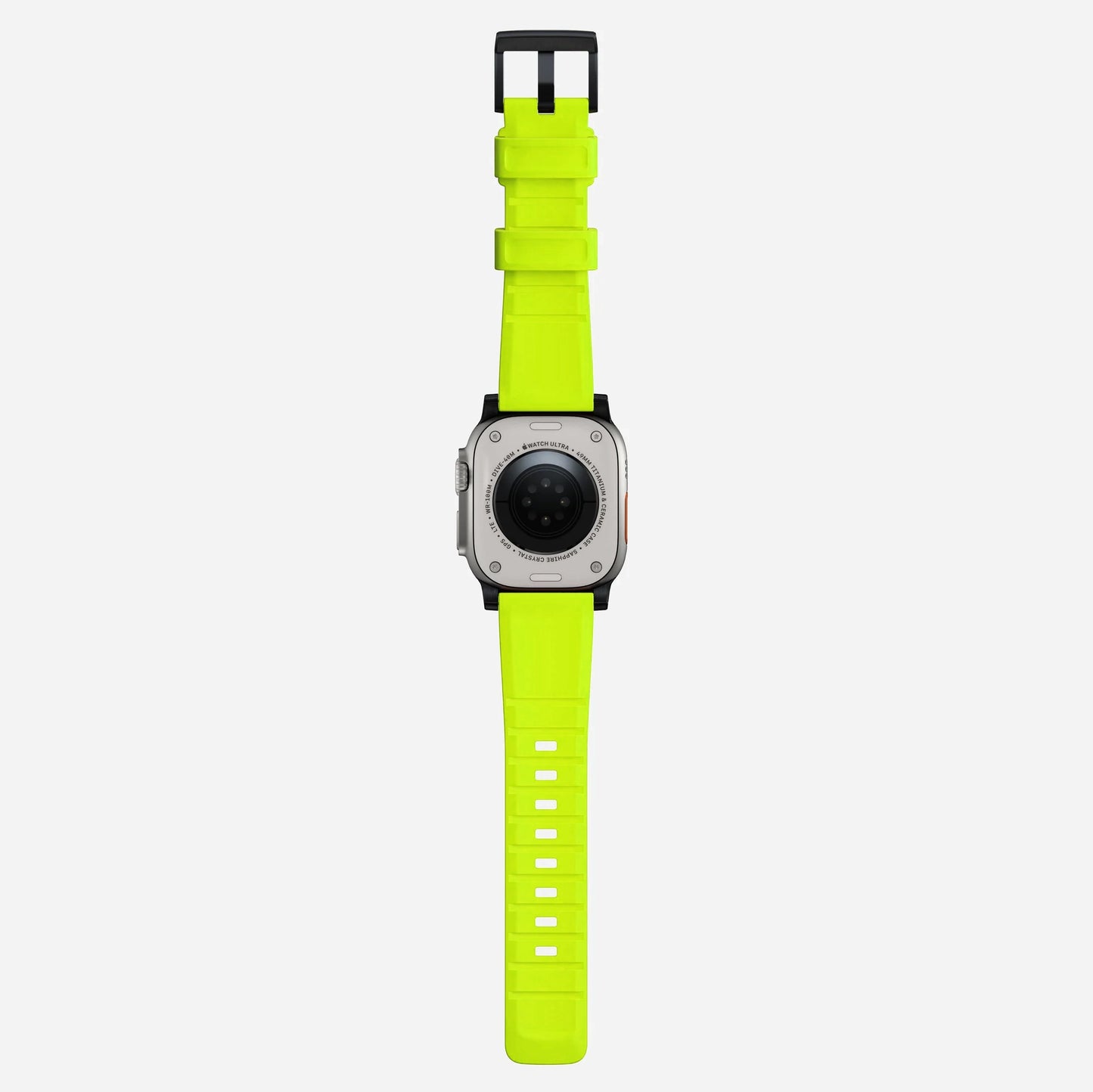 New volt yellow silicone with metal connectors, pin and buckle watch strap with compression grooves designed for apple watch series 10 45mm and ultra 2 side angle