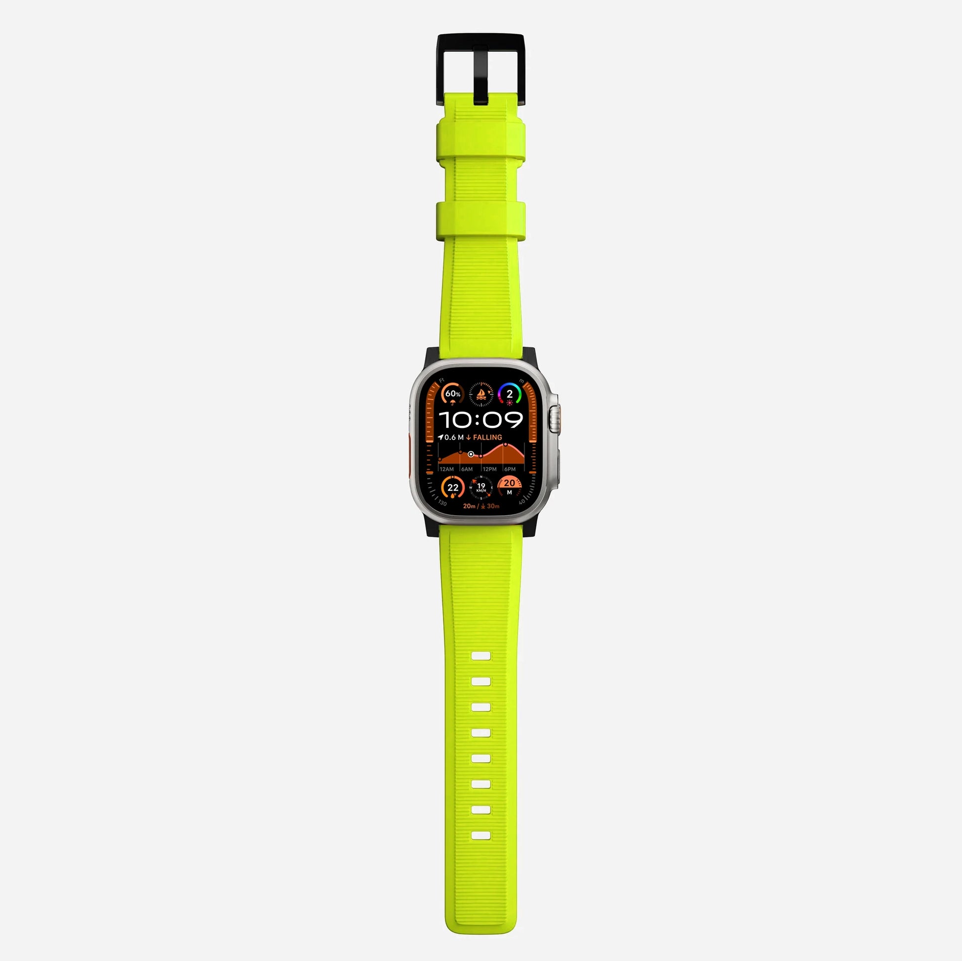 New volt yellow silicone with metal connectors, pin and buckle watch strap with compression grooves designed for apple watch series 10 45mm and ultra 2 side angle