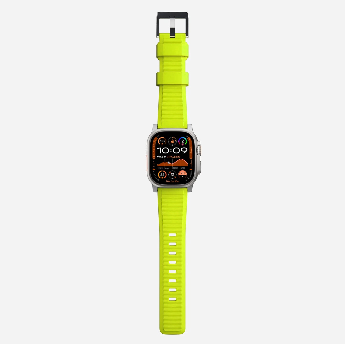 New volt yellow silicone with metal connectors, pin and buckle watch strap with compression grooves designed for apple watch series 10 45mm and ultra 2 side angle