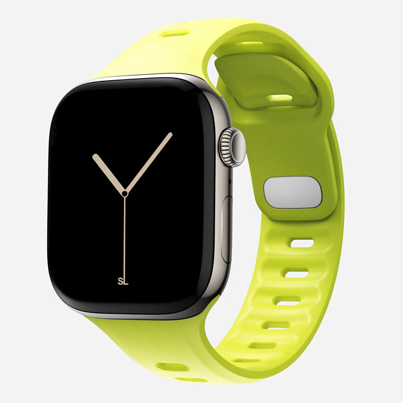A volt yellow colour premium silicone watch strap developed for apple watch series 11 size 42mm 46mm and apple watch ultra 3, designed for active sports activities