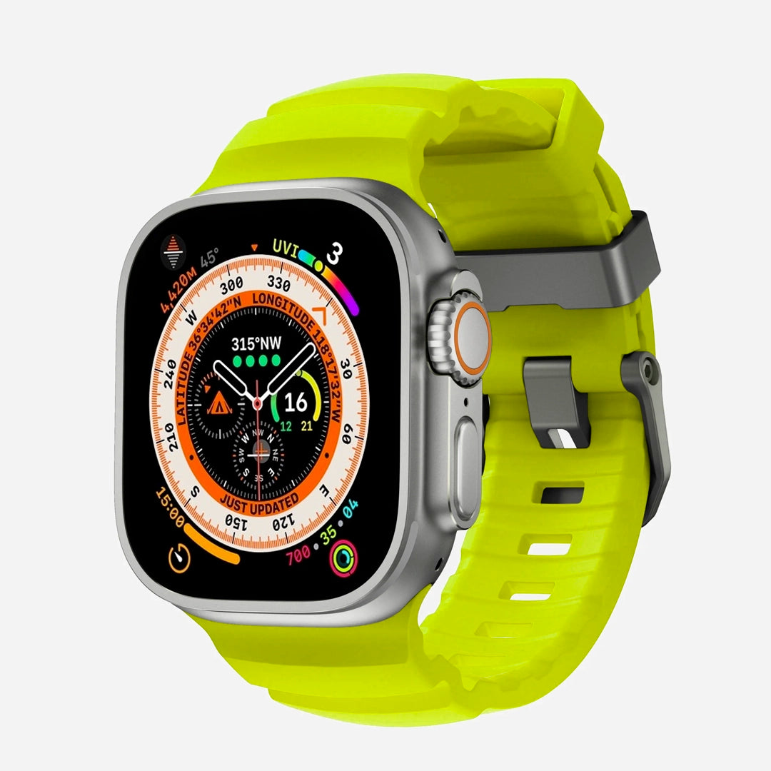 Volt Yellow colour premium silicone extra thick watch strap band designed for adventurers and mountain hiking for Apple watch series 10 size 46mm and Ultra 2