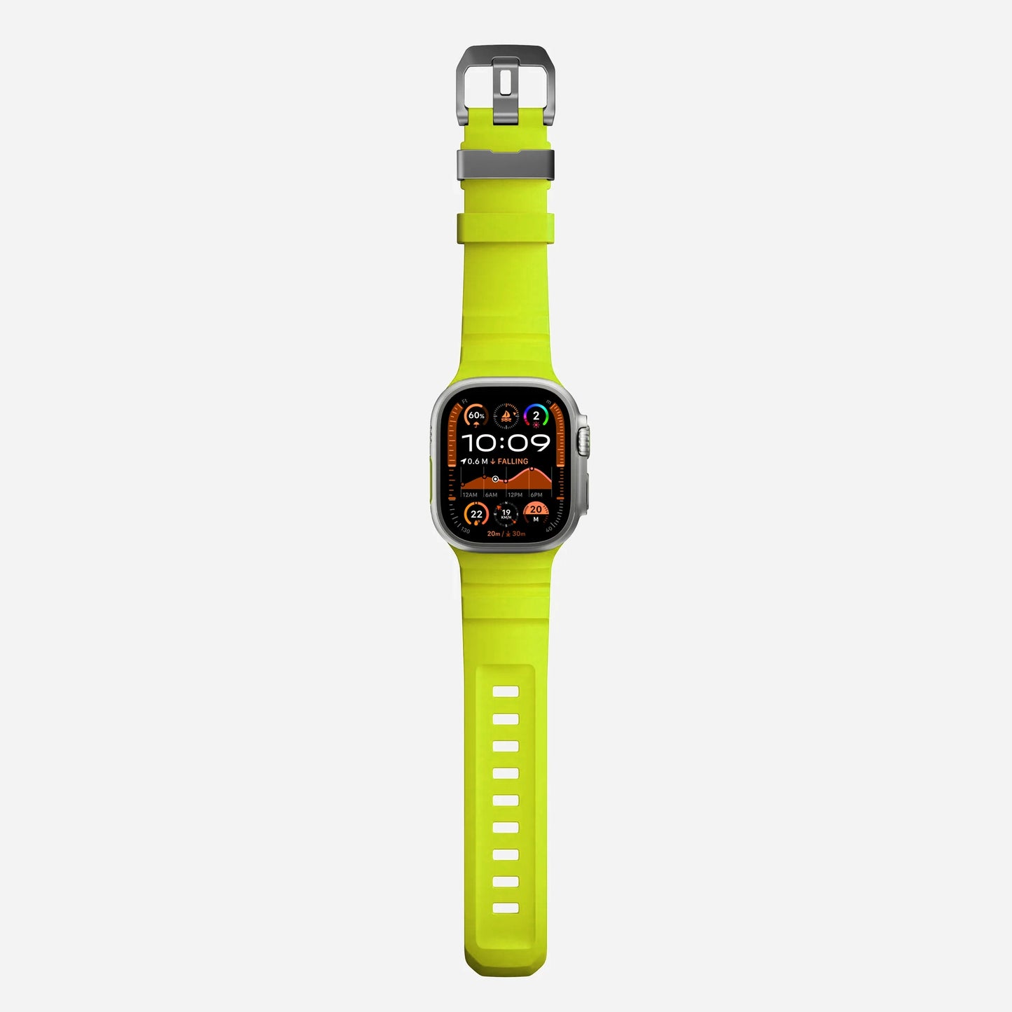 Volt Yellow colour premium silicone extra thick watch strap band designed for adventurers and mountain hiking for Apple watch series 10 size 46mm and Ultra 2