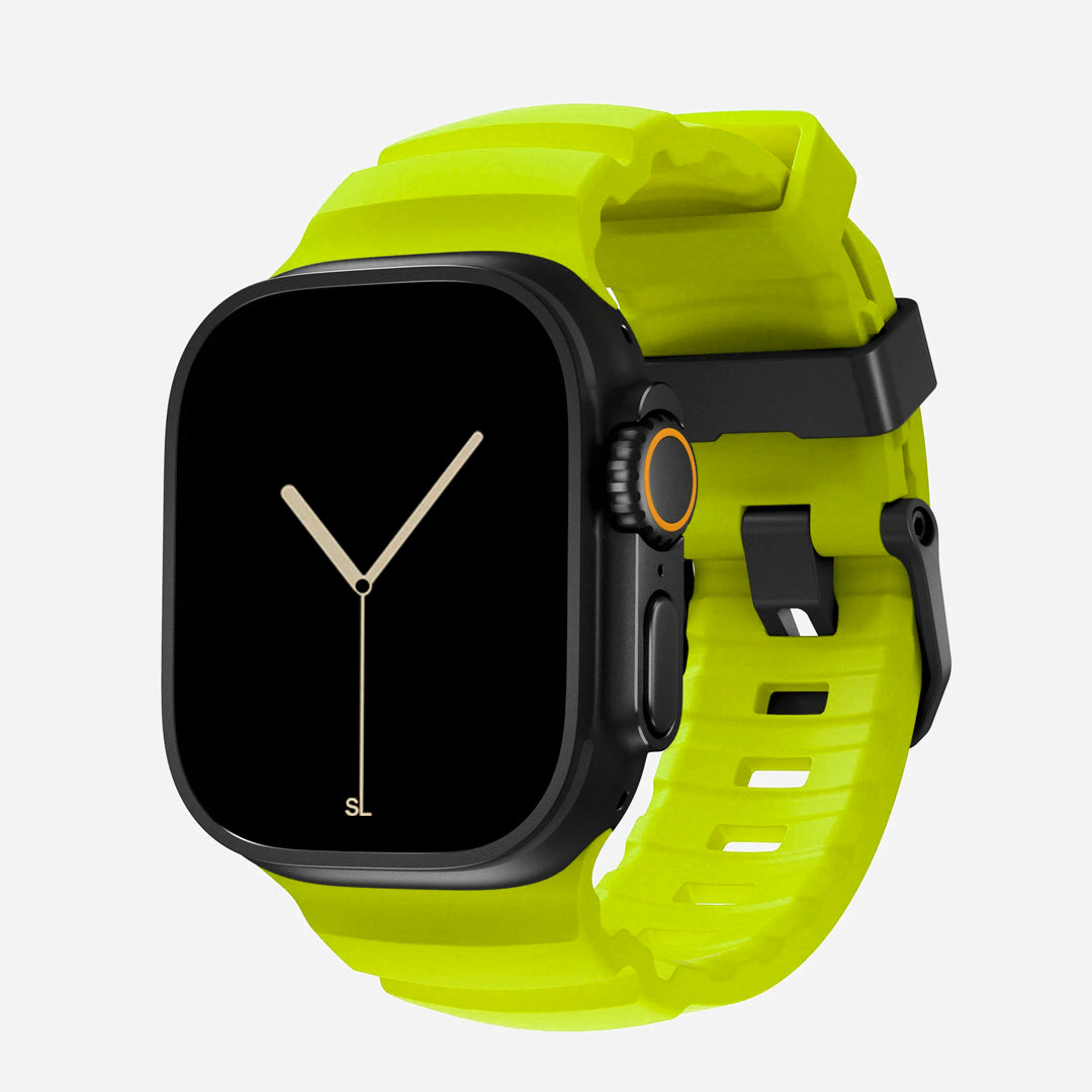 Volt Yellow colour premium silicone extra thick watch strap band designed for adventurers and mountain hiking for Apple watch series 11 size 46mm and Ultra 3 49mm