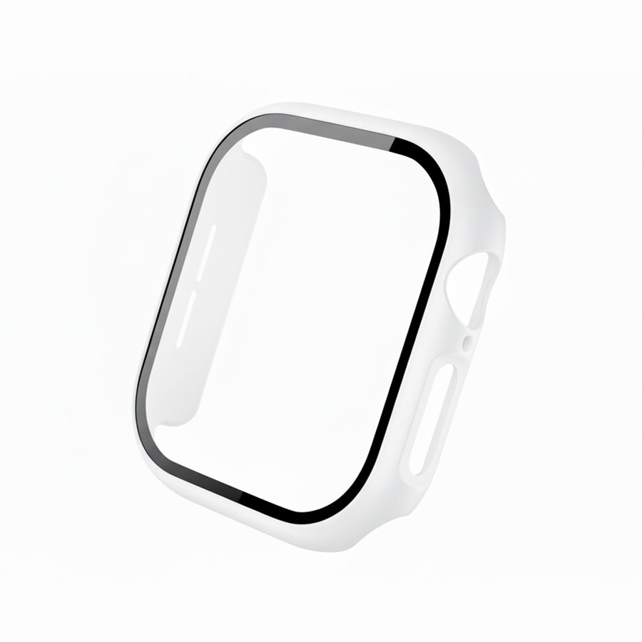 White Colour made from polycarbonate material protector with a strong built in tempered glass screen to protect your apple watch series 11 42mm and 46mm from damage displayed on a tilted angle
