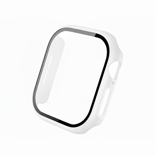 White Colour made from polycarbonate material protector with a strong built in tempered glass screen to protect your apple watch series 11 42mm and 46mm from damage displayed on a tilted angle
