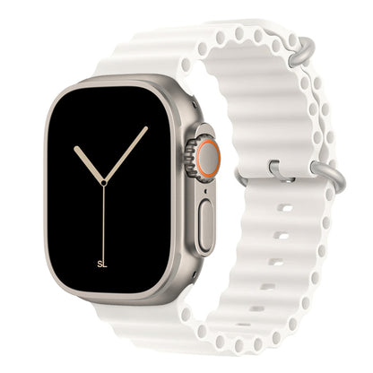 A white colour watch strap band made from silicone  with two metal buckles on an Apple watch series 11 42mm/ 45mm/ 46mm and ultra 3 designed for the ocean and active sports