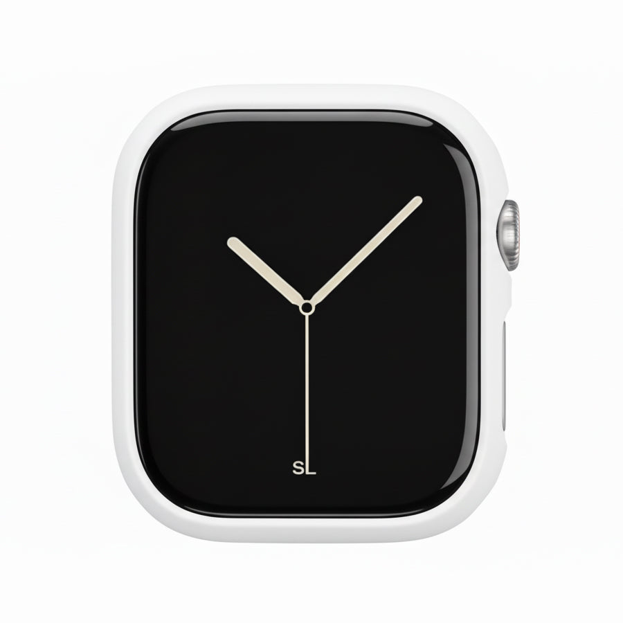 White Colour made from polycarbonate material protector with a strong built in tempered glass screen to protect your apple watch series 11 42mm and 46mm from damage displayed on a tilted angle