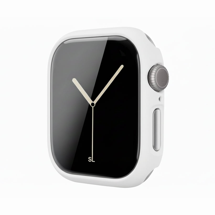 White Colour made from polycarbonate material protector with a strong built in tempered glass screen to protect your apple watch series 11 42mm and 46mm from damage displayed on a tilted angle