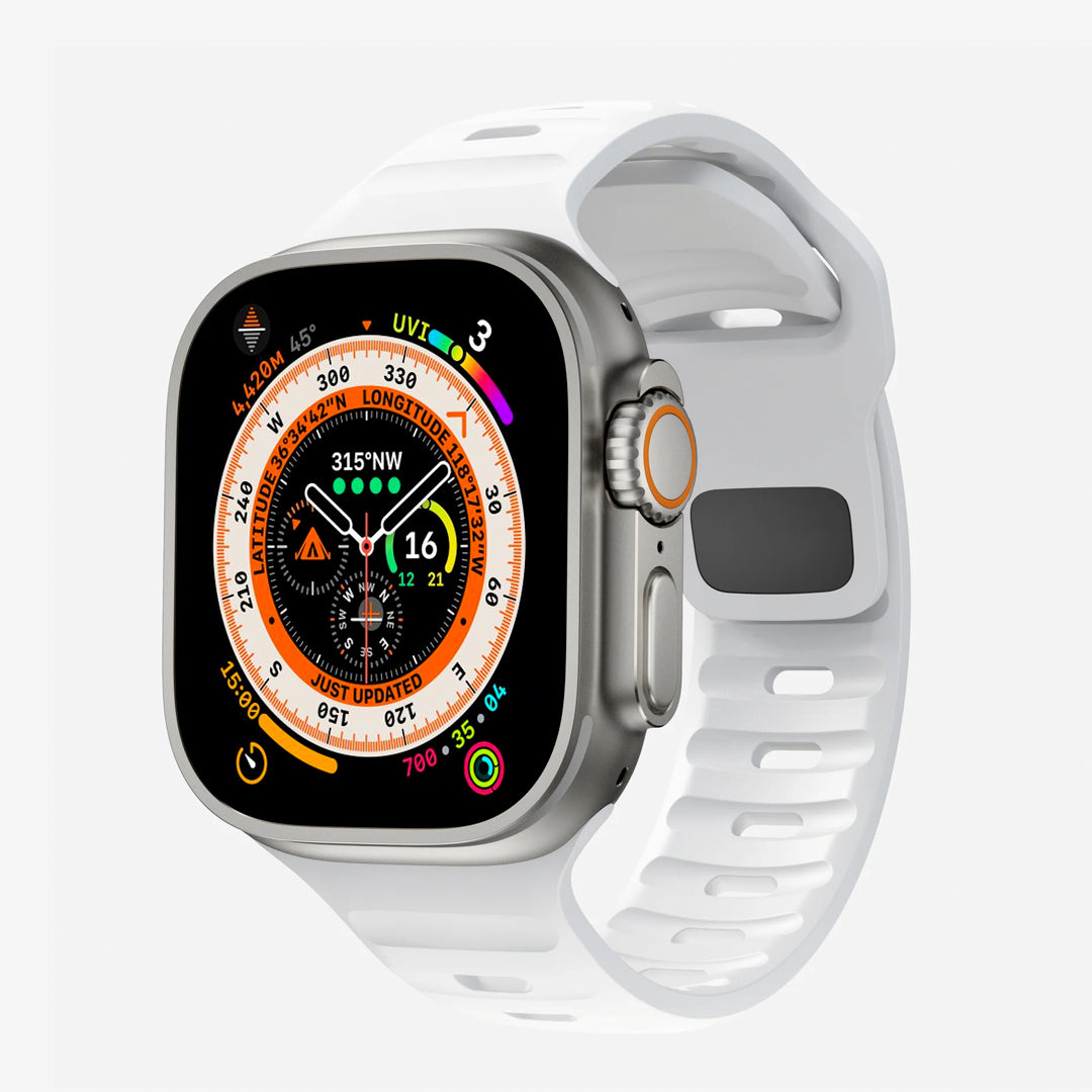 A white colour silicon watch strap on an apple watch ultra 2 40mm for active sports
