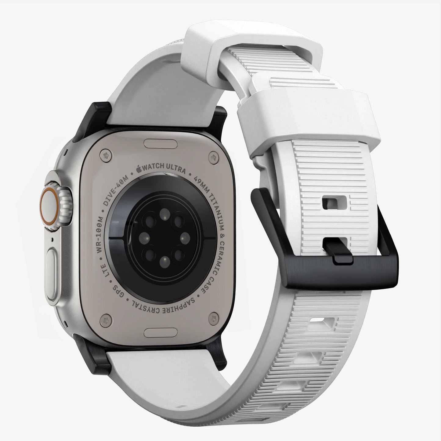 New white silicone with black metal connectors, pin and buckle watch strap with compression grooves designed for apple watch series 10 45mm/ 46mm and ultra 2