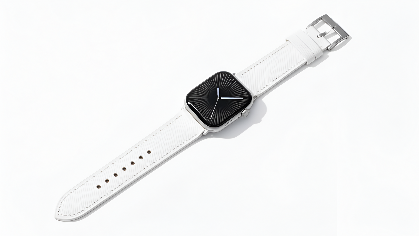 A set of white coloured Saffiano leather pattern handcrafted for apple watch series 11 45mm and 46mm  made for people to wear to work or to fancy event