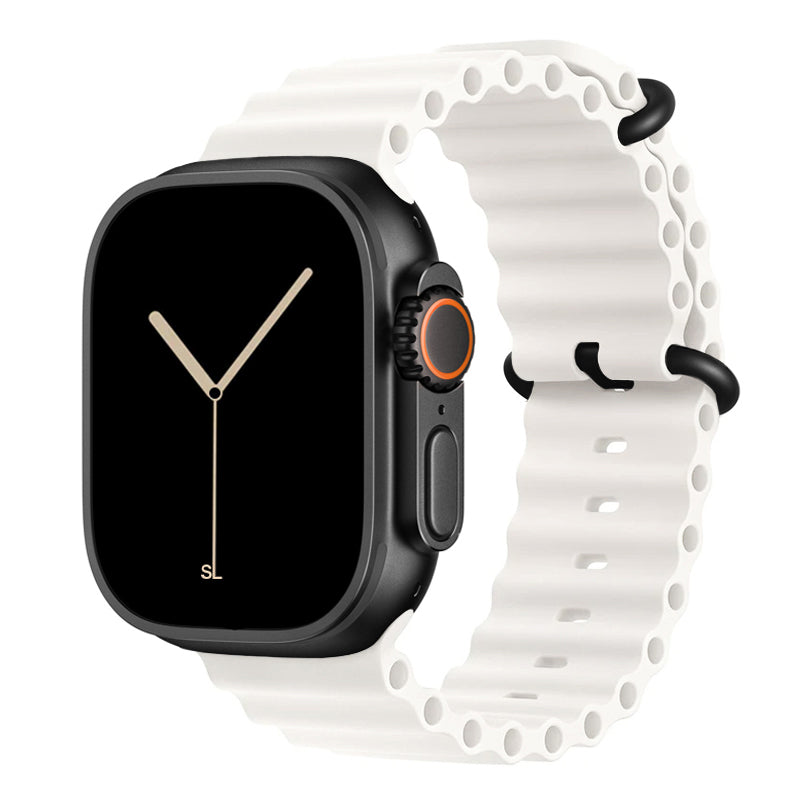 A white colour watch strap band made from silicone  with two metal buckles on an Apple watch series 11 42mm/ 45mm/ 46mm and ultra 3 designed for the ocean and active sports