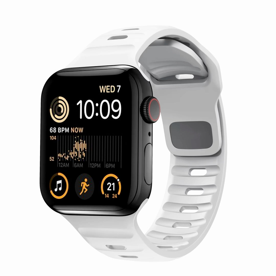 A white colour silicon watch strap on an apple watch series 8 45mm for active sports