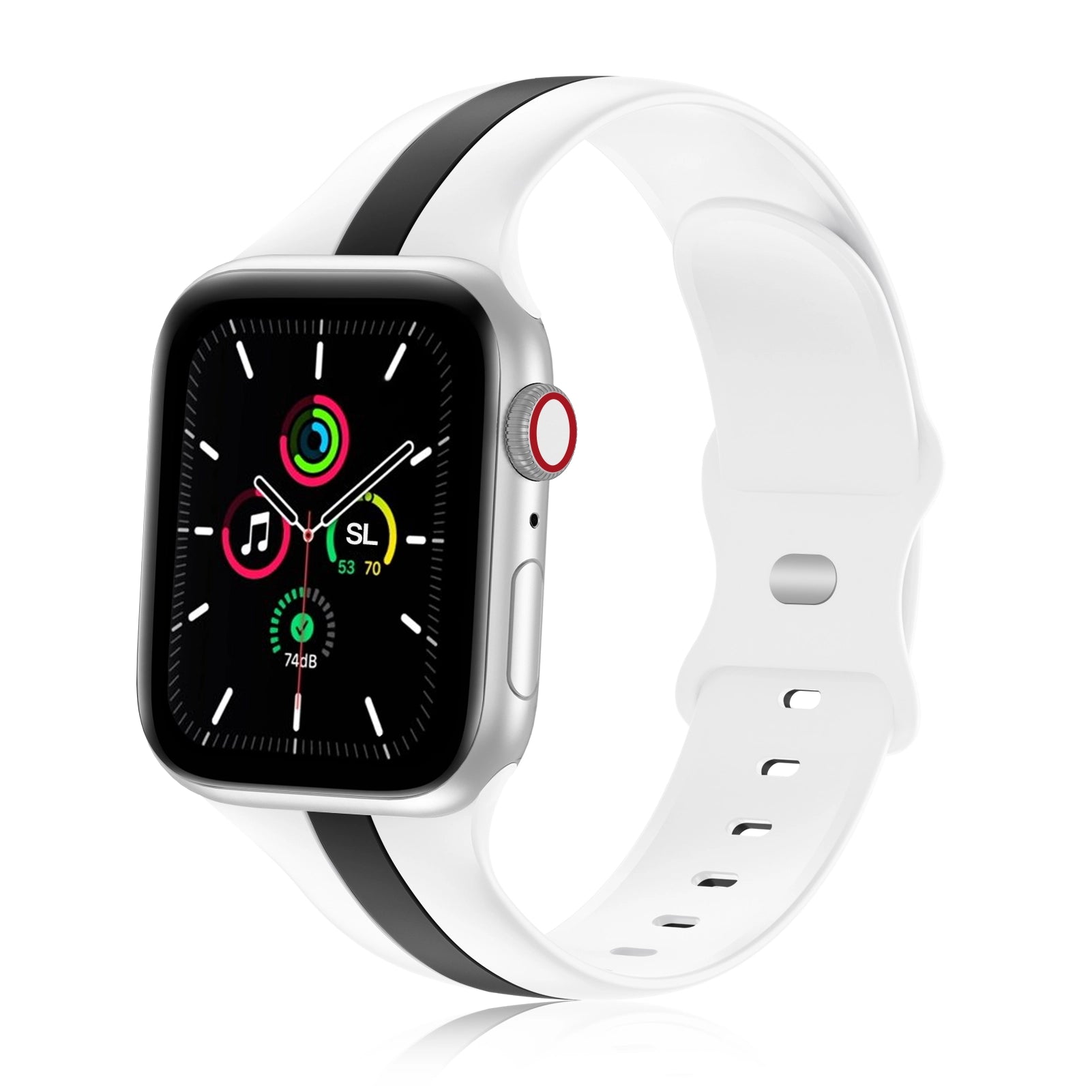 A white and black two colour silicon sport strap for apple watch series 9 41mm
