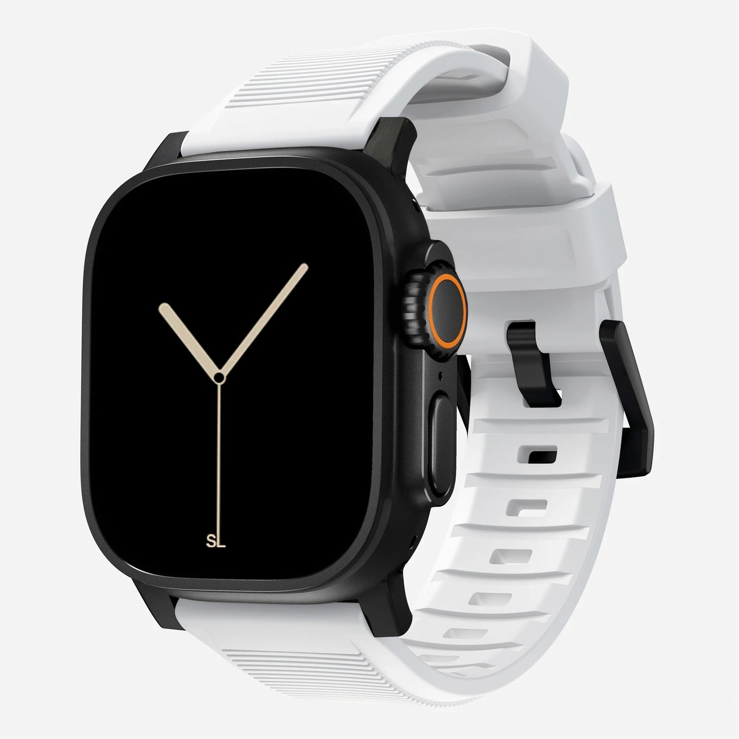 New white silicone with titanium metal connectors, pin and buckle watch strap with compression grooves designed for apple watch series 11 45mm/ 46mm and ultra 3 49mm