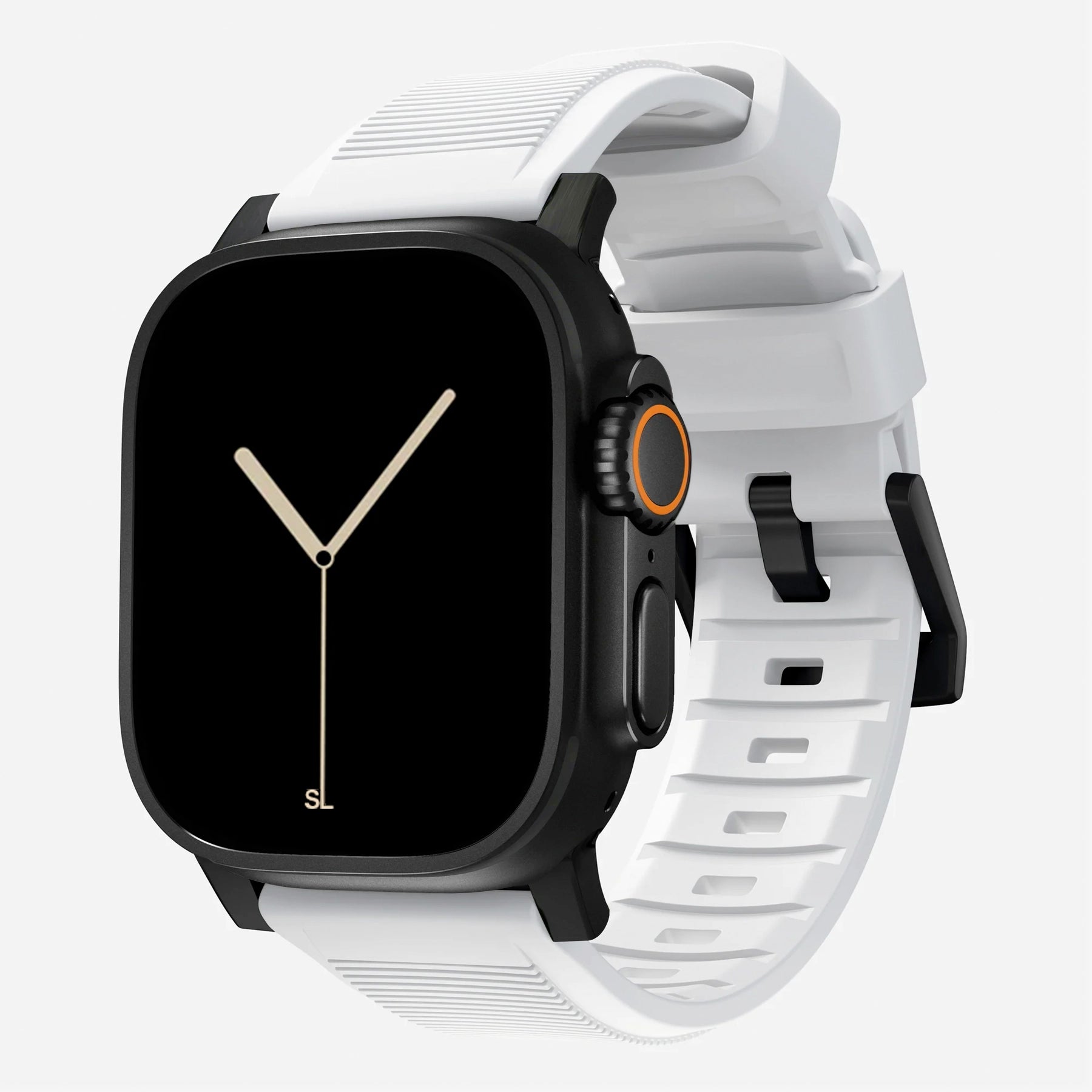 New white silicone with titanium metal connectors, pin and buckle watch strap with compression grooves designed for apple watch series 11 45mm/ 46mm and ultra 3 49mm