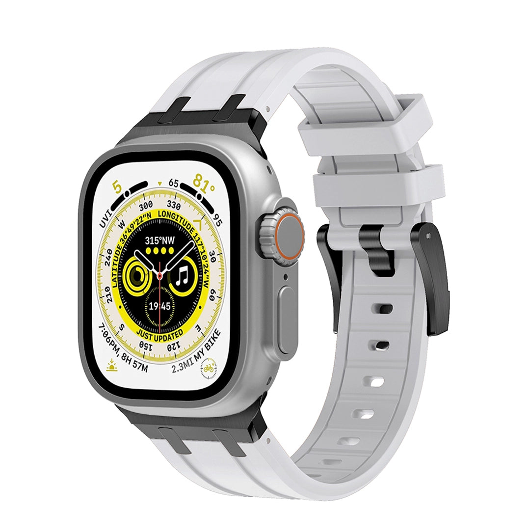 Premium White colour rubber with stainless steel metal connectors and buckles for Apple Watch Series 9 45mm and Ultra 2 49mm