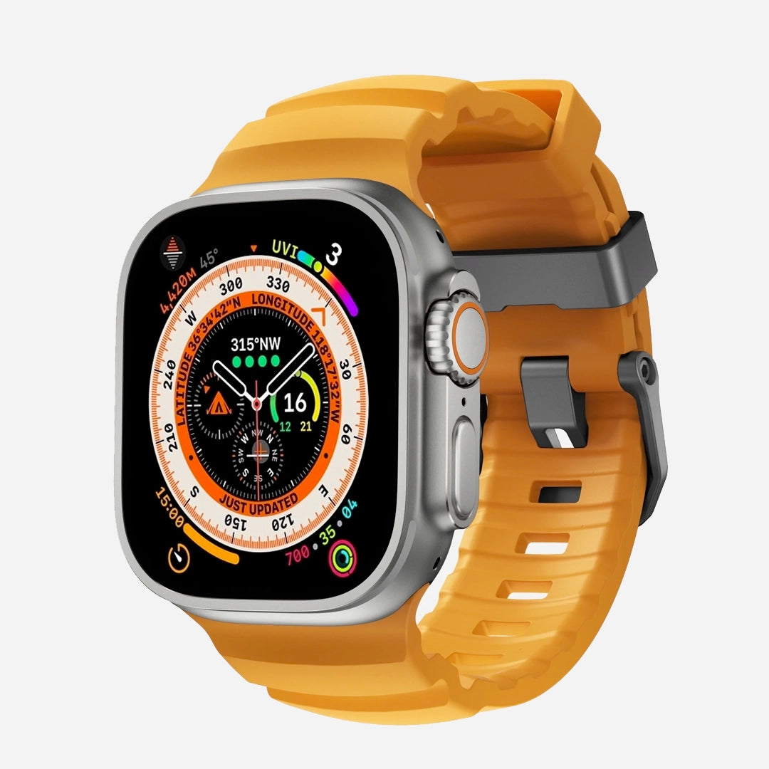 Yellow colour premium silicone extra thick watch strap band designed for adventurers and mountain hiking for Apple watch series 10 size 46mm and Ultra 2