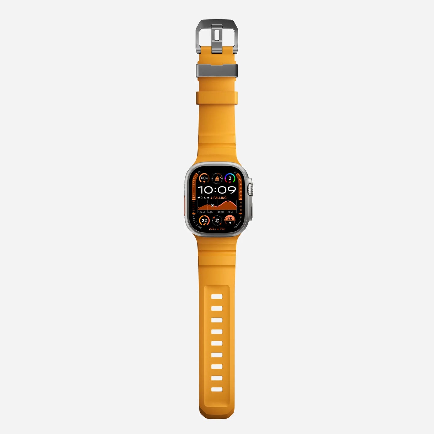 Yellow colour premium silicone extra thick watch strap band designed for adventurers and mountain hiking for Apple watch series 10 size 46mm and Ultra 2