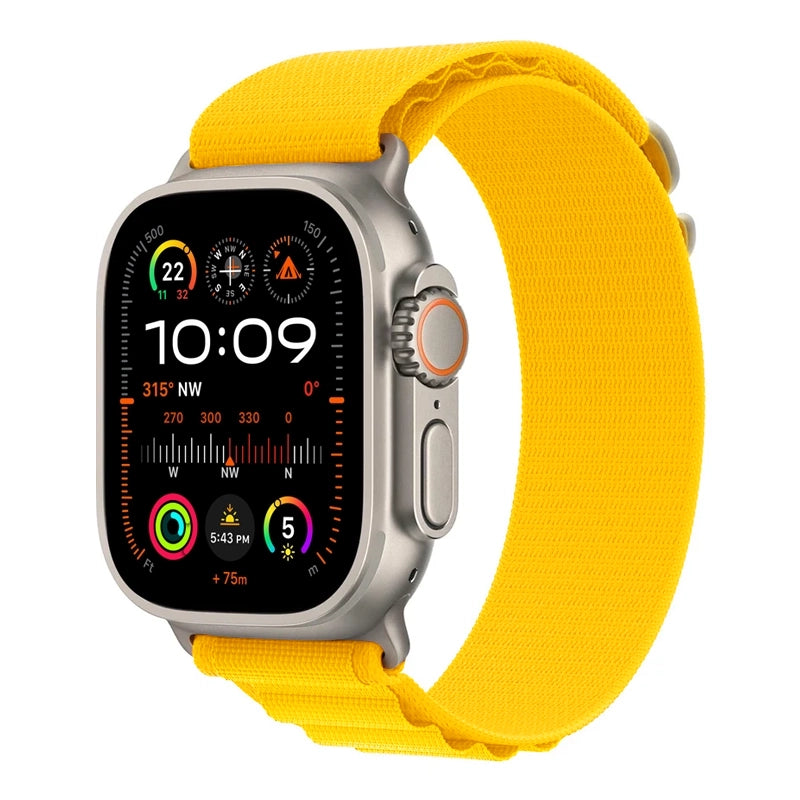 A yellow colour premium nylon watch strap band designed for adventurers and explorers that wear the Apple watch series 10 and Ultra 2