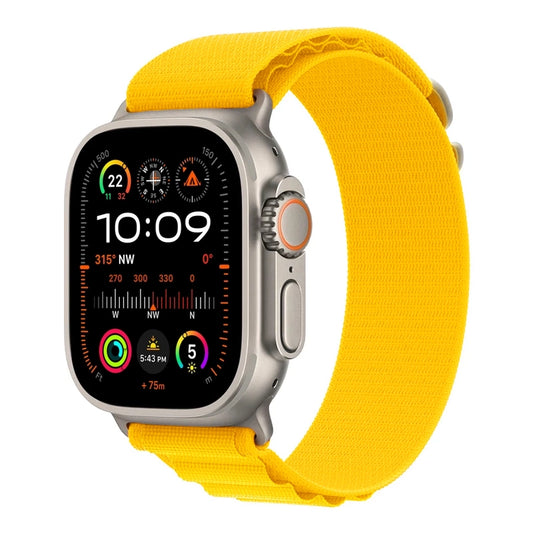 A yellow colour premium nylon watch strap band designed for adventurers and explorers that wear the Apple watch series 10 and Ultra 2