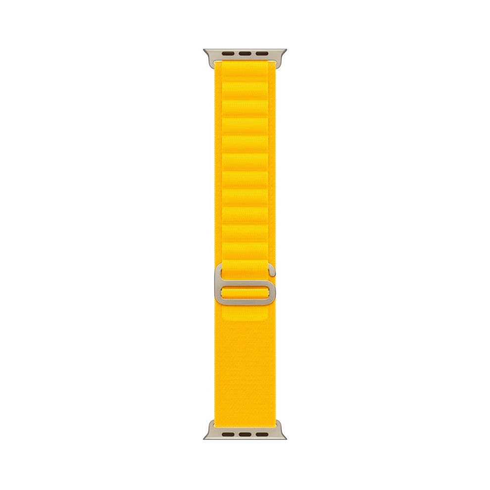 A yellow colour premium nylon watch strap band designed for adventurers and explorers that wear the Apple watch series 10 and Ultra 2